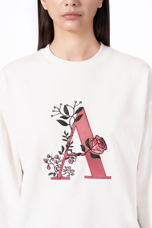 'A' FLORAL EMBROIDERY CREWNECK SWEATSHIRT (WHITE)