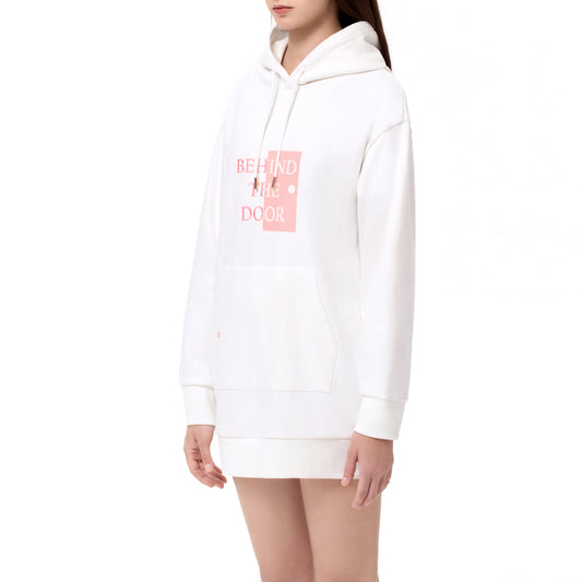 RUBBER PRINT & EMBROIDERY HOODIE DRESS (WHITE)