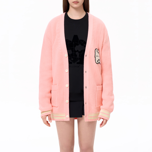 CHENILLE EMBROIDERY BADGE CARDIGAN (PINK)