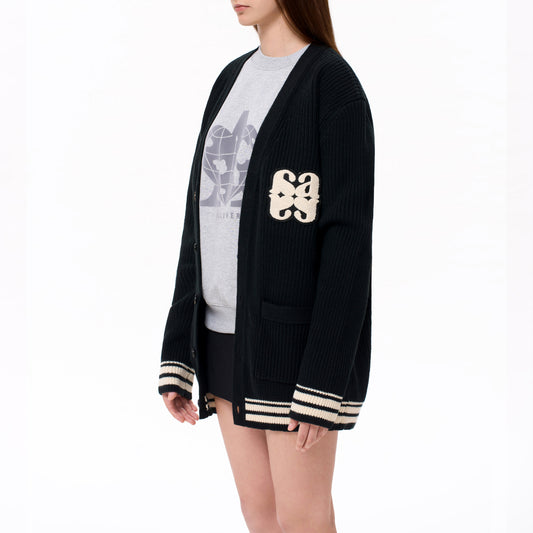 CHENILLE EMBROIDERY BADGE CARDIGAN (BLACK)