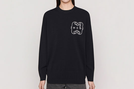 Strange Rule of Love Embroidered Monogram Knit Sweater (Black)