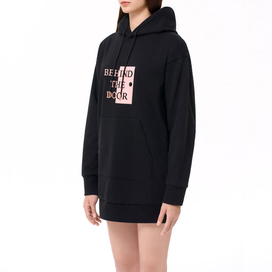 RUBBER PRINT & EMBROIDERY HOODIE DRESS (BLACK)